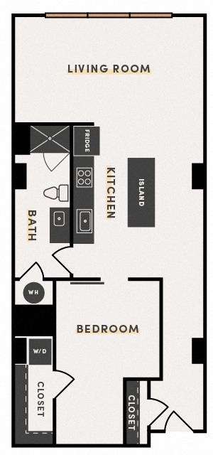 Floor plan for 1 bed, 1 bath, 890 sqft